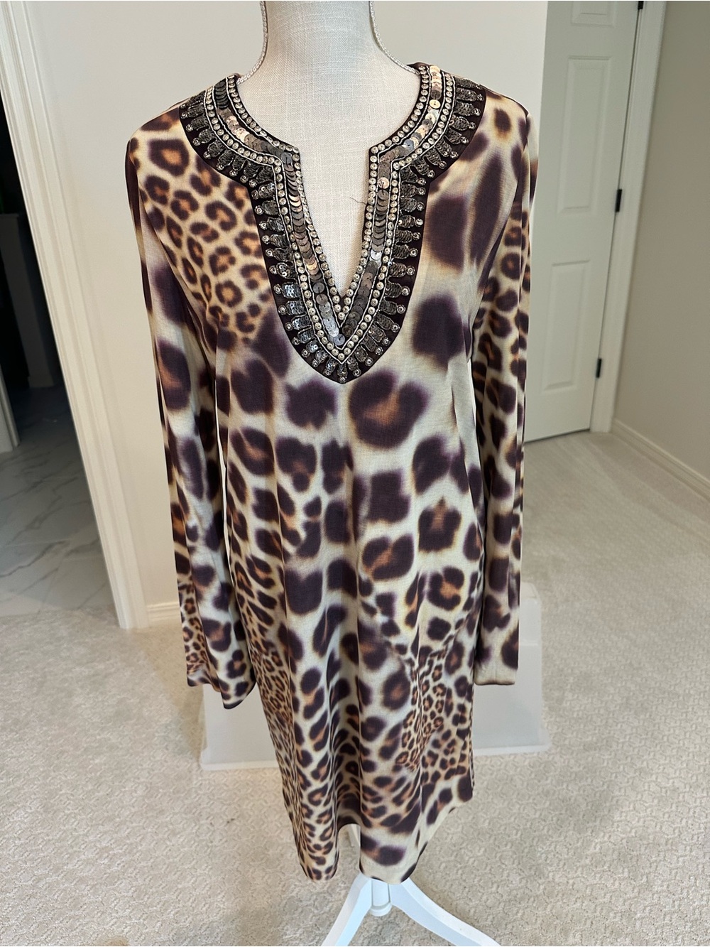 Nicole Miller Leopard-Print Tunic with Jeweled V-Neck